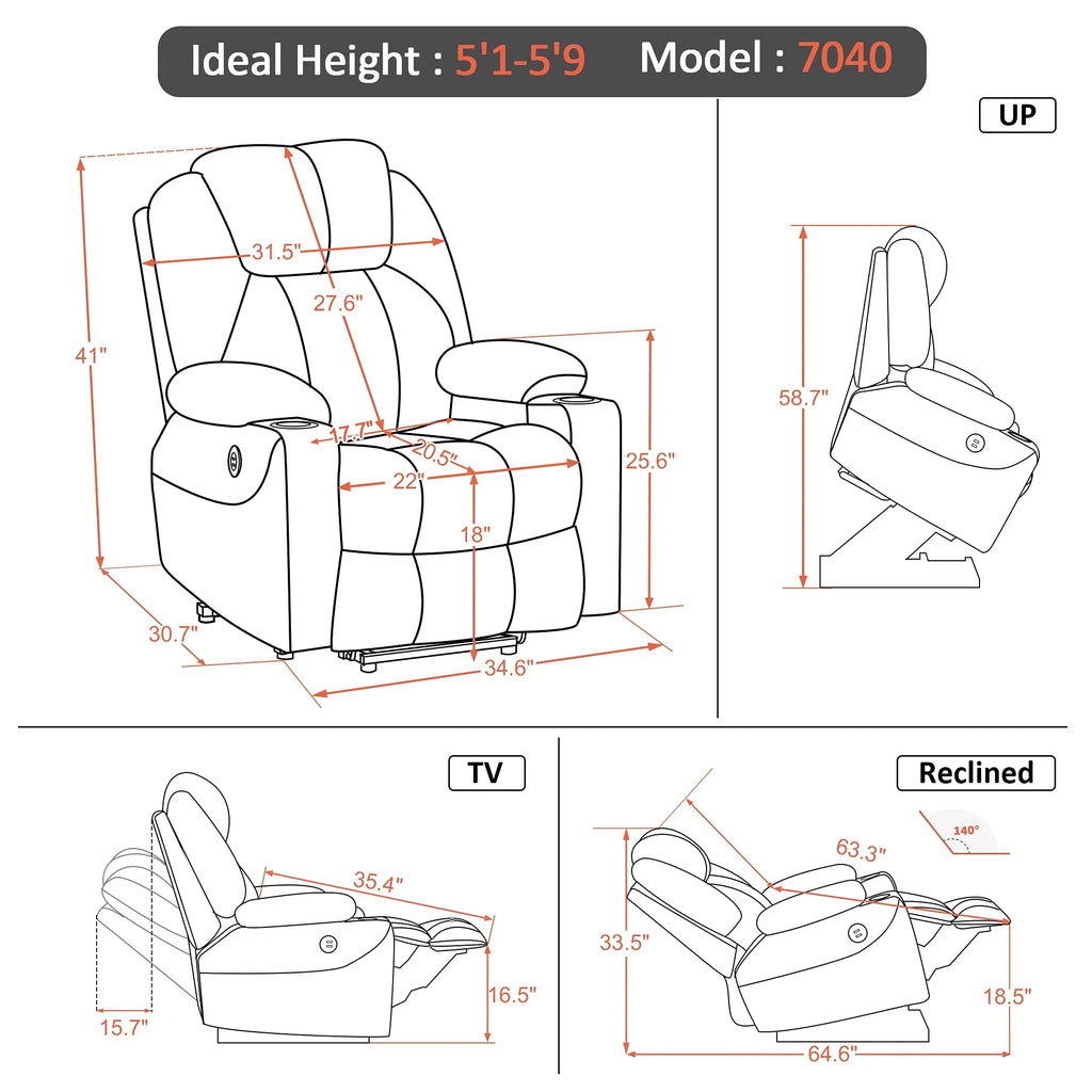 Mcombo Sillón Reclinable Eléctrico con Masaje y Carga USB
