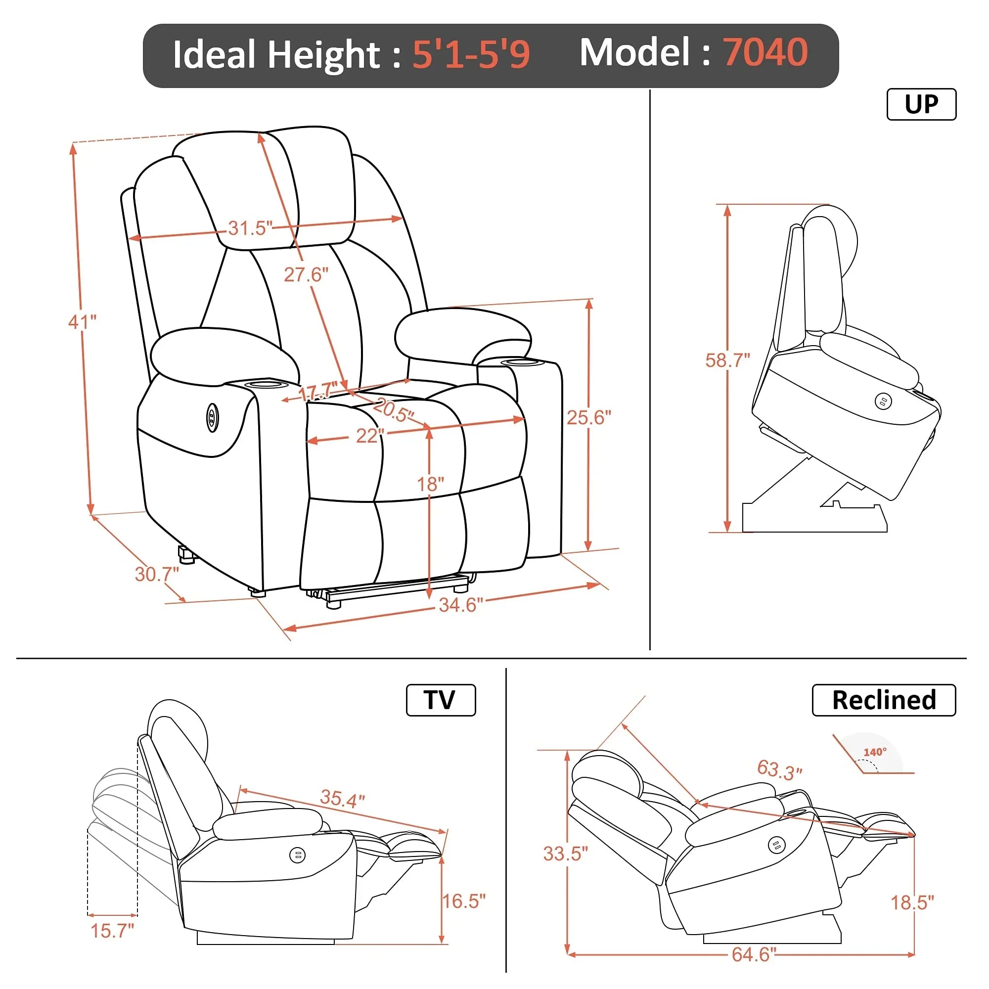Mcombo Sillón Reclinable Eléctrico con Masaje y Carga USB