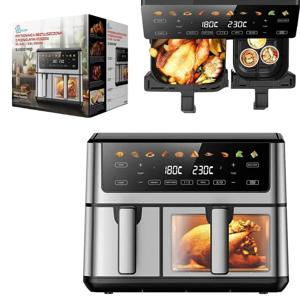 Frytkownica beztłuszczowa z okienkiem Extralink Dual Basket, 2 komory, 2500 W, 6,5 l i 3,5 l, srebrna