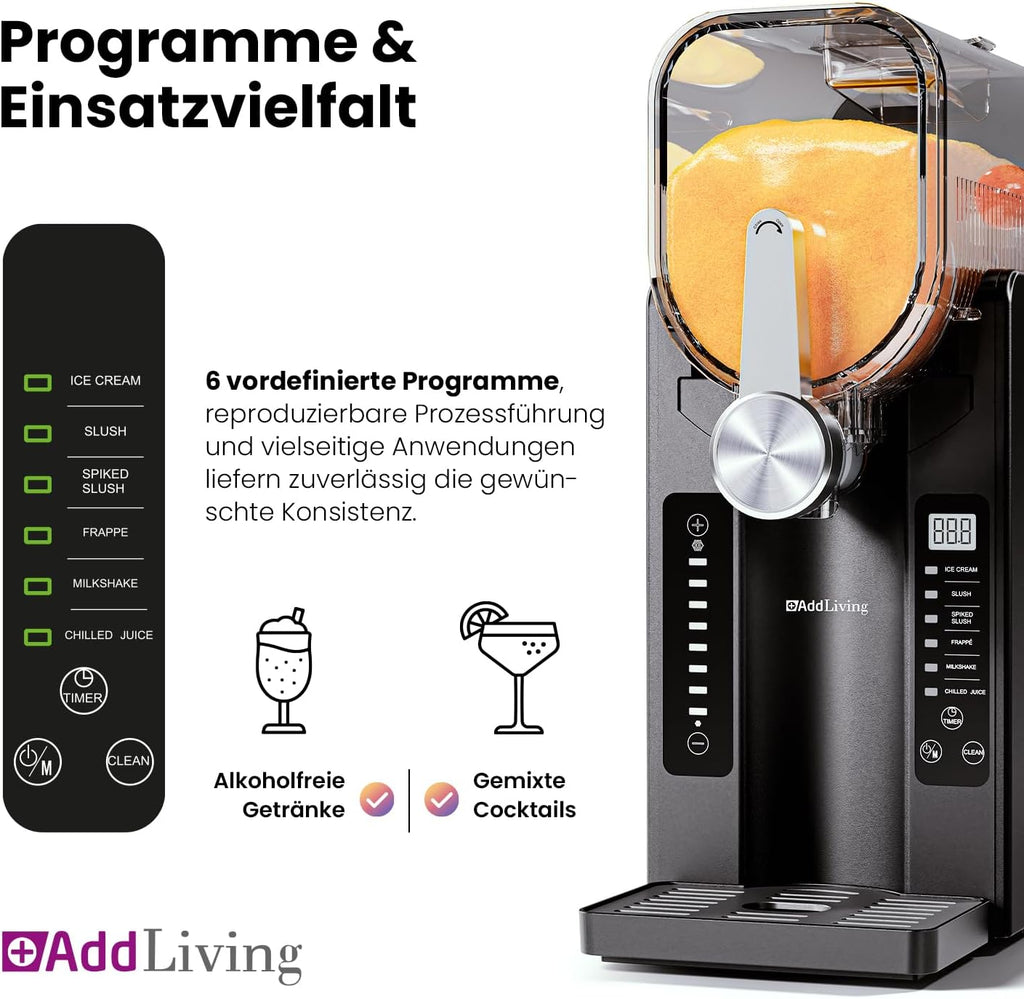 SLUSH Maschine für Zuhause | Slushy Maker & Eismaschine mit 6 Programmen | 2,6L Slush Eis Maschine für Cocktails, Slush-Eis, Softeis, Frappe, Milchshakes | Selbstreinigend | Schwarz/Silber