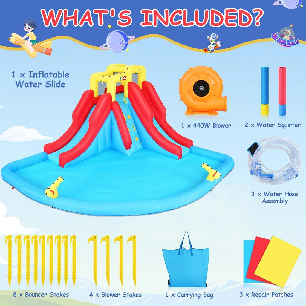 Tobogán acuático inflable 8-en-1 para niños: castillo inflable parque acuático con soplador de 450W, muro de escalada, piscina, 2 pistolas de agua, canasta de baloncesto, tobogán, rociador de cocodrilo – perfecto como regalo y para fiestas en el jard