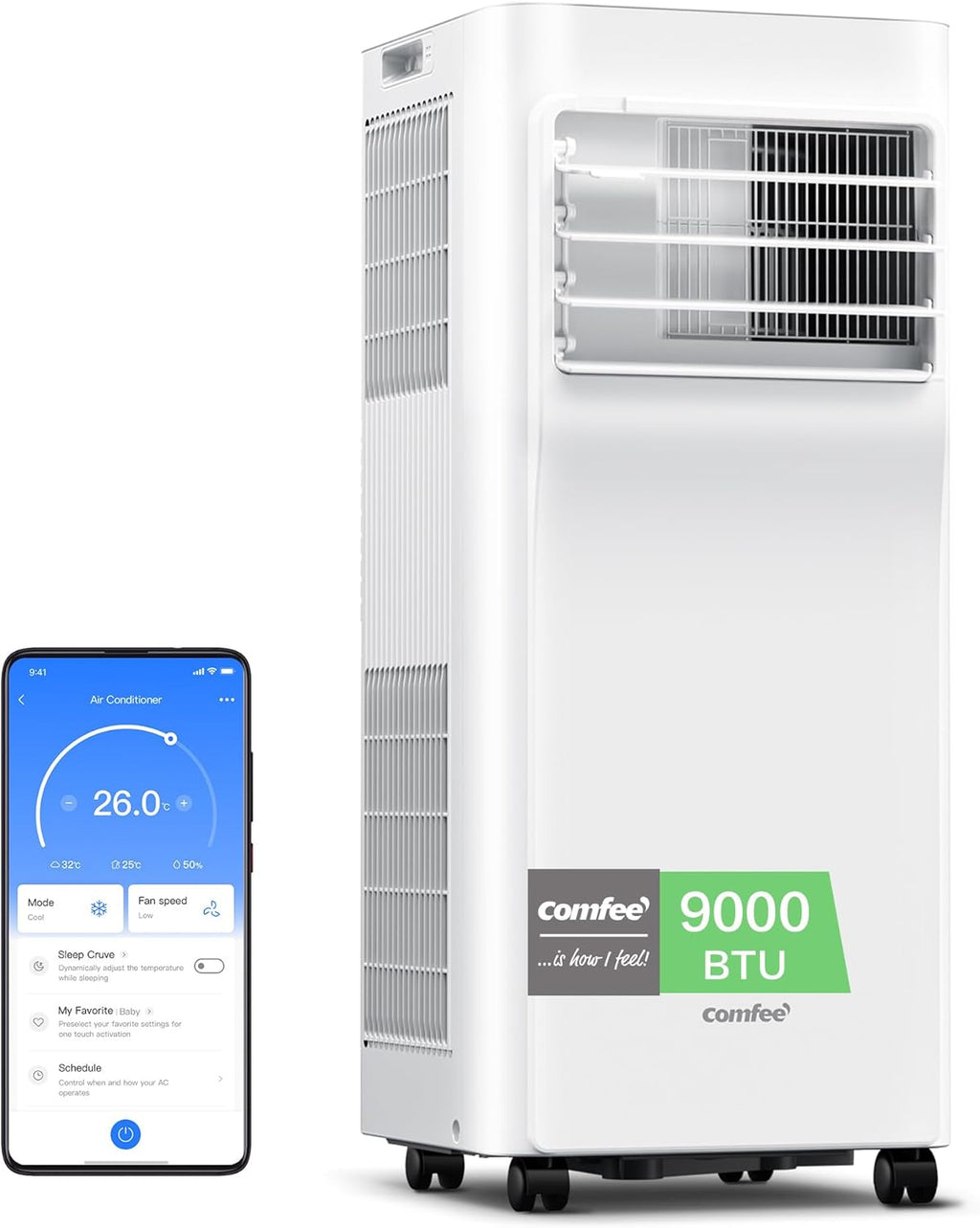 COMFEE Pingüino Mobile Klimaanlage 9000 BTU/2300 Frigorien Breezy Cool Pro – Klimagerät ohne Außeneinheit, geringer Verbrauch, App-Steuerung und Fenster-Kit – Kühlen, Lüften und Entfeuchten