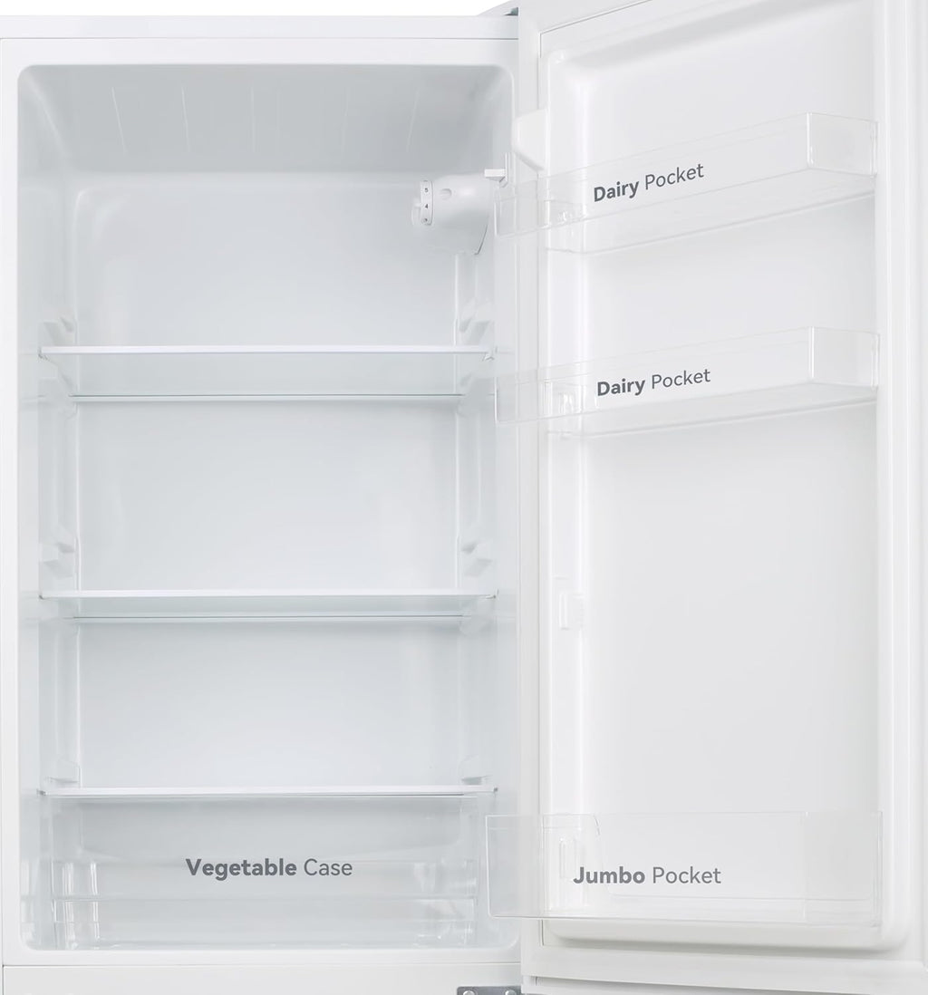 VOK Frigorífico Combi 154L EVR-154DEW, 142 cm Altura x 48,3 cm Ancho, Clase E, Bajo Nivel Sonoro 39 dB, Puerta Reversible, Estanterías Cristal Reforzado, Blanco