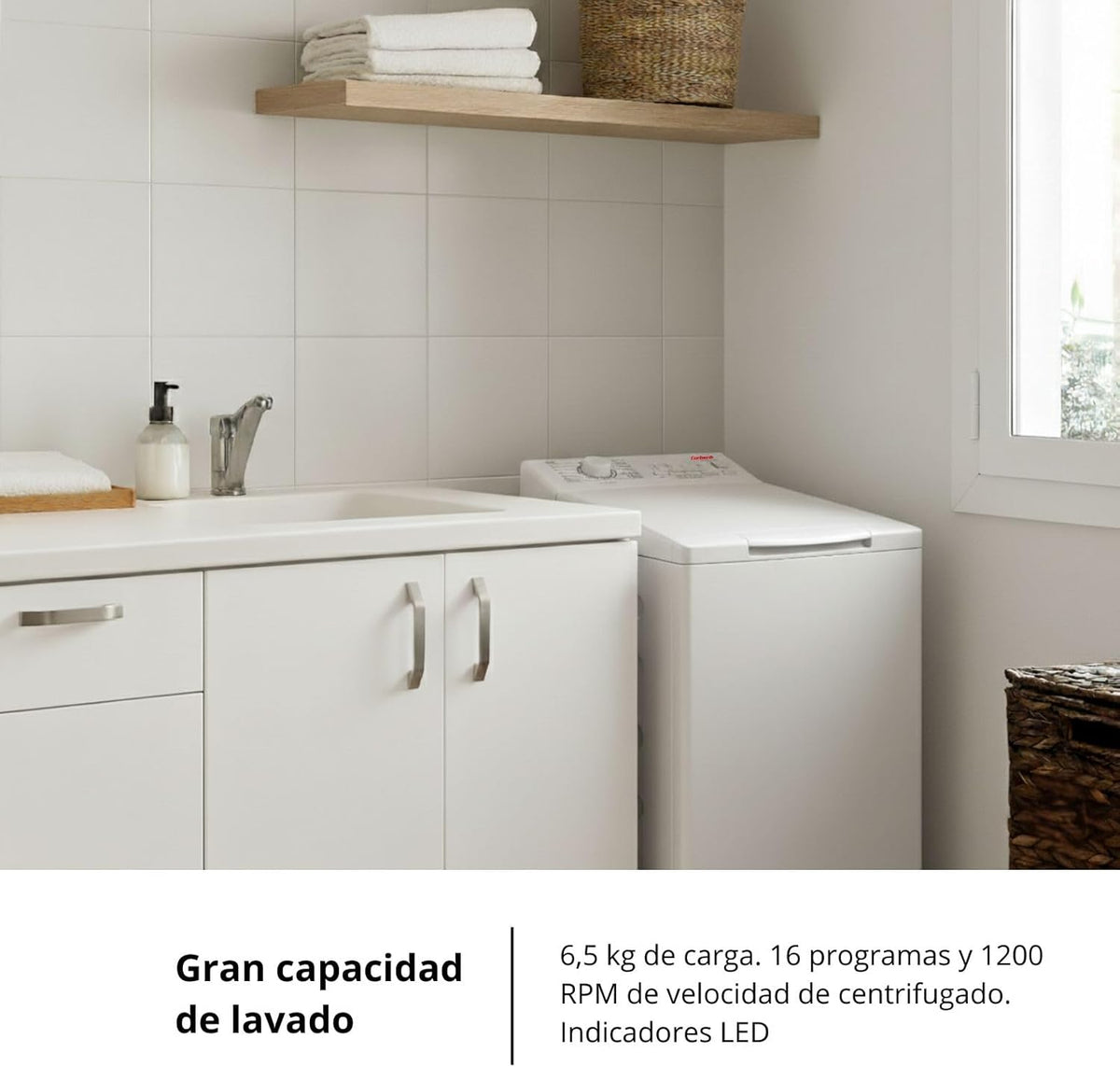 Corberó - Lavadora Carga Superior 6.5kg| CLACSM6524 | 1200 RPM | 16 Programas, Función Vapor, ECO, limpieza tambor| Inicio Diferido| Lavado Rápido | Planchado Fácil | Indicadores LED | Blanco