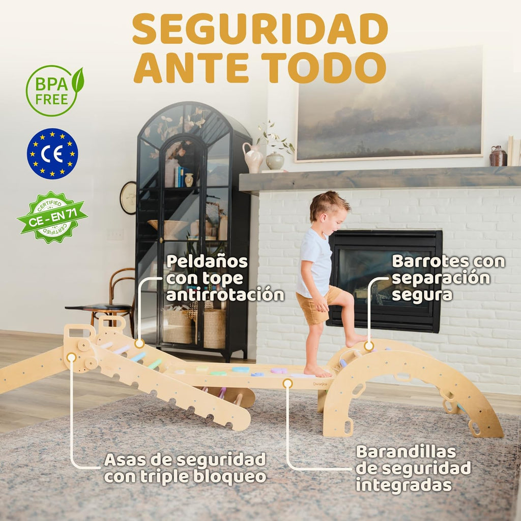 9-in-1 Montessori Pikler Dreieck Groß für 1-7+ Jahre, 5 verstellbare Winkel, Indoor und Outdoor Spielplatz aus Holz zum Klettern mit Pikler Bogen und Pickler Rampe für Kinder