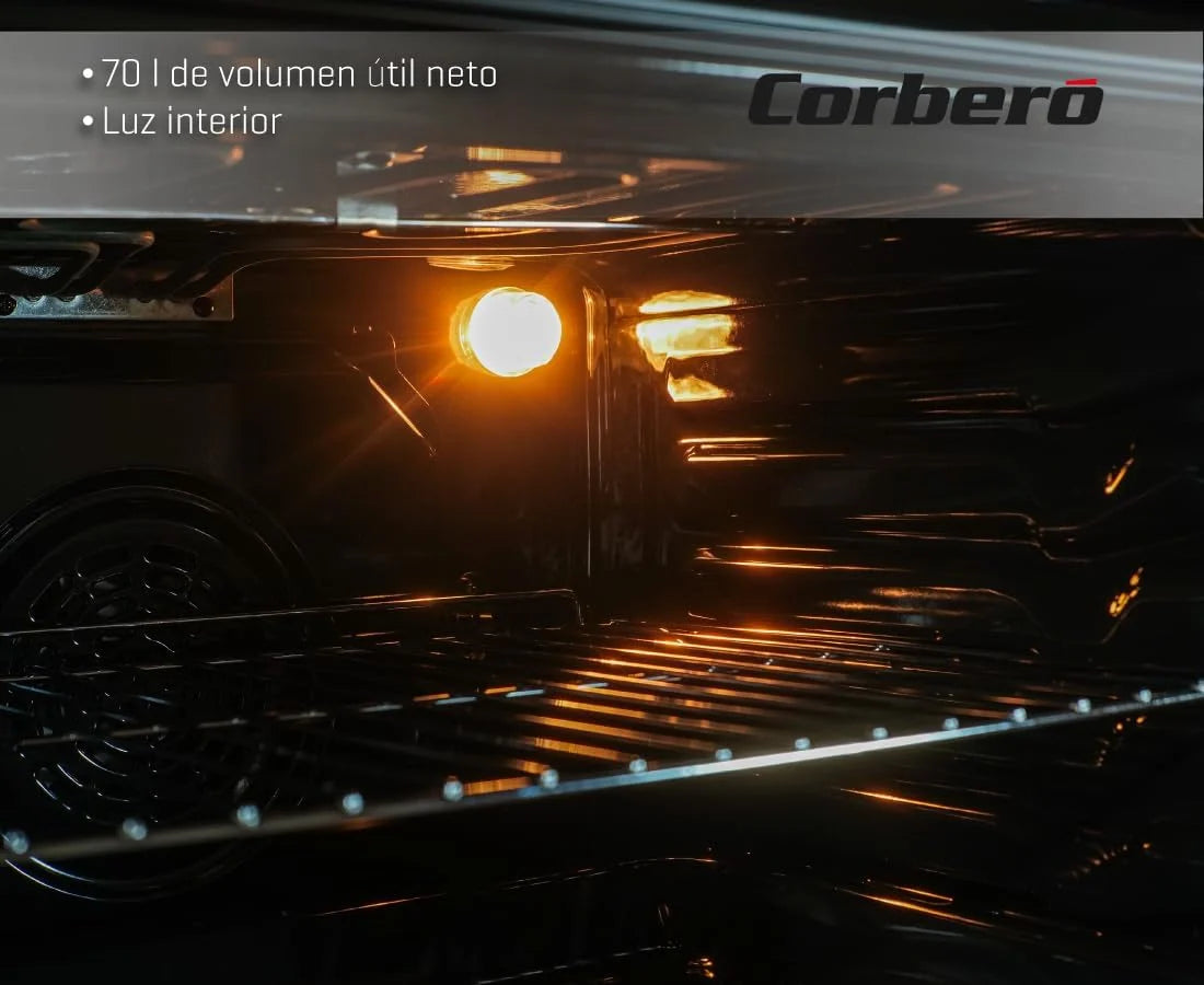 Corberó - Horno convección 70L | CCHM603W | 60x60x58 cm |Convencional con 4 Programas | Luz Interior | Limpieza Hidrólisis | Puerta Doble Cristal | 2100W | Blanco perfil Inox