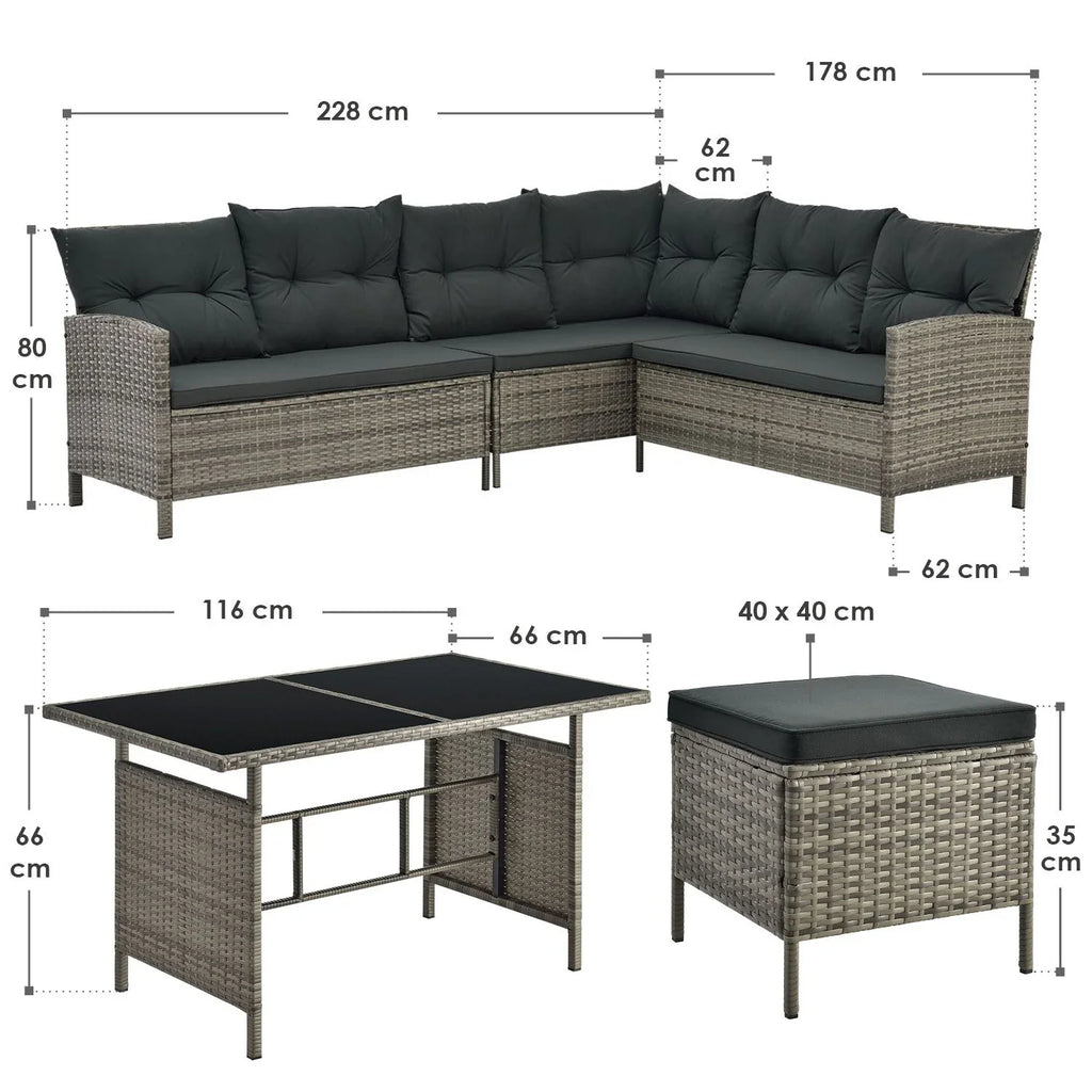 2025 Conjunto de jardín de resina trenzada Manacor negro con mesa, 2 pufs y cojines gris oscuro