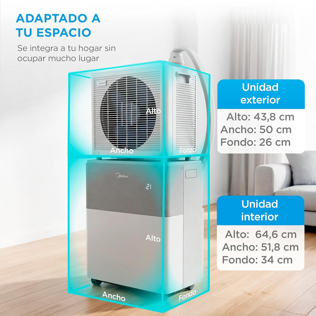 Midea Portasplit Aire Acondicionado Portatil 4 en 1 | 3000 frigorías / 12000 BTU | Pinguino Split de Bajo Consumo con modo Silence | Deshumidificador, Calefactor, Ventilador y Climatizador hasta 45 m2