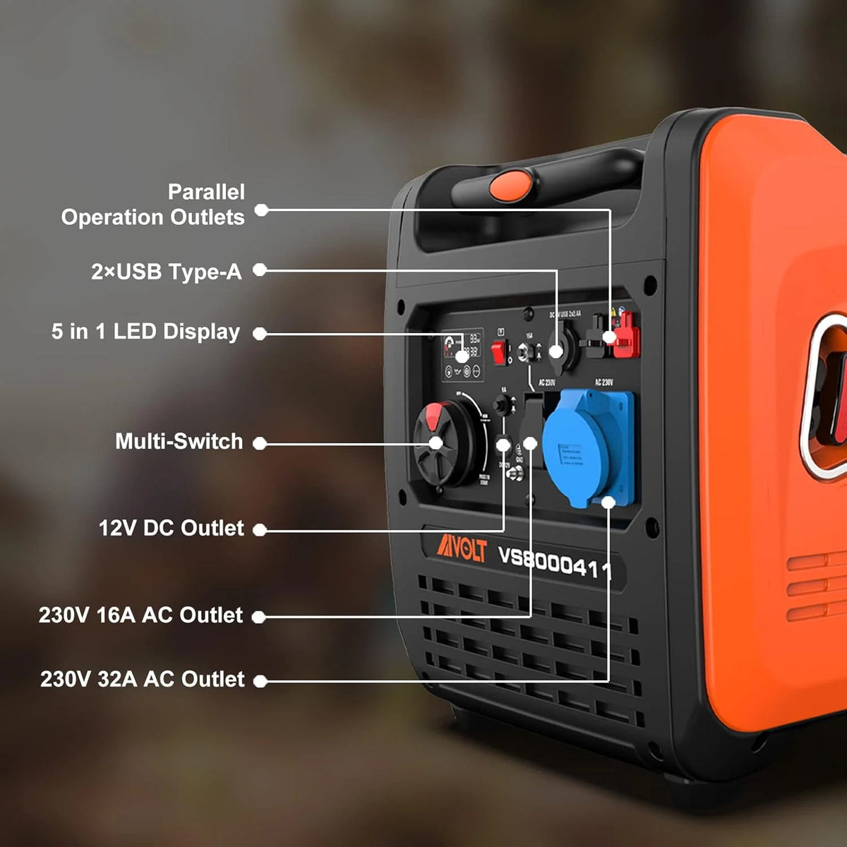 AIVOLT Silent Gasoline Inverter Generator 1400W with Outputs AC 230V/DC 12V/USB Type-A and Tank 2.5L - Portable for Outdoor Camping
