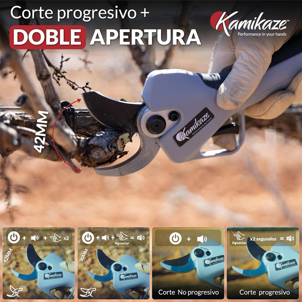 KAMIKAZE KV390 Professionelle elektrische Astschere mit 21,6V Lithium-Akku, Ø35mm Schnitt, 2 Akkus und Dreifachladegerät, Smart Display, Wartungskit und Transportkoffer