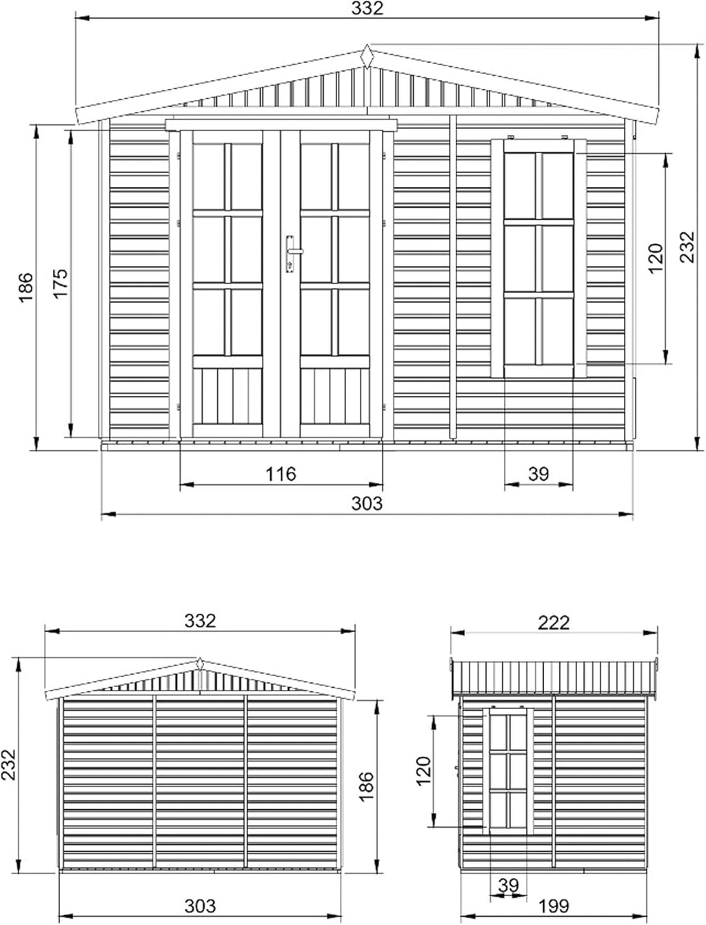 TIMBELA Holz Gartenhaus 6 m2 - Geräteschuppen Garten Außen mit Fußboden, Fenster, Doppeltür - Gartenhütte für Home Office - mit Dachpappe Grün M334FB+H334FBGREEN