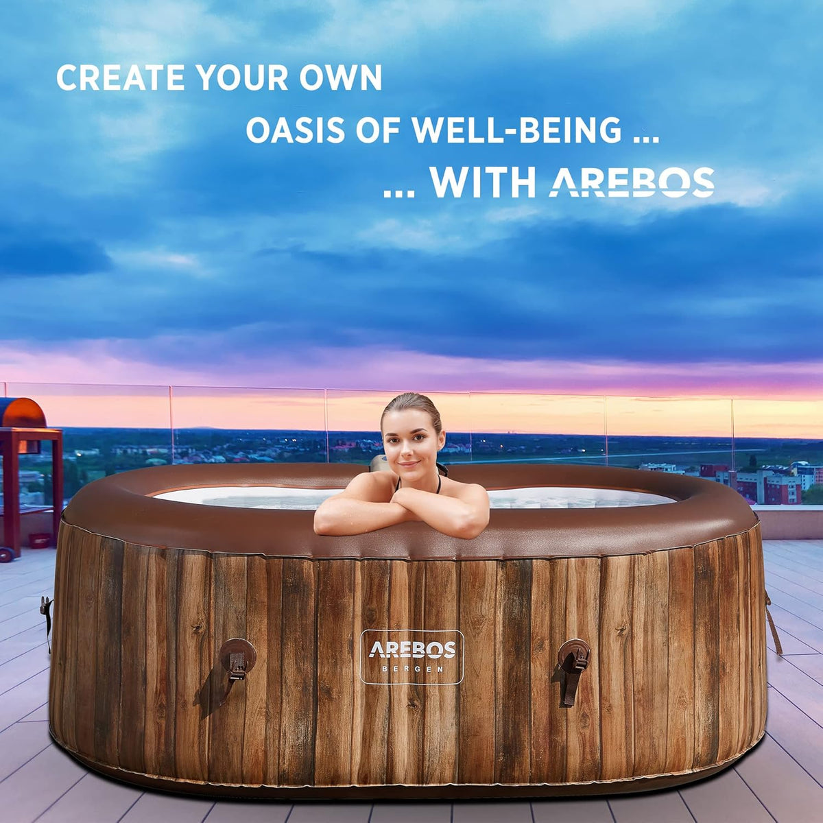 Arebos Whirlpool | SPA Hinchable | Interior y Exterior | 190x120 cm Ovalado | 2 Personas | 90 chorros de Masaje | con calefacción | 550 litros | Incl. Cubierta | Bubble SPA & Wellness Massage