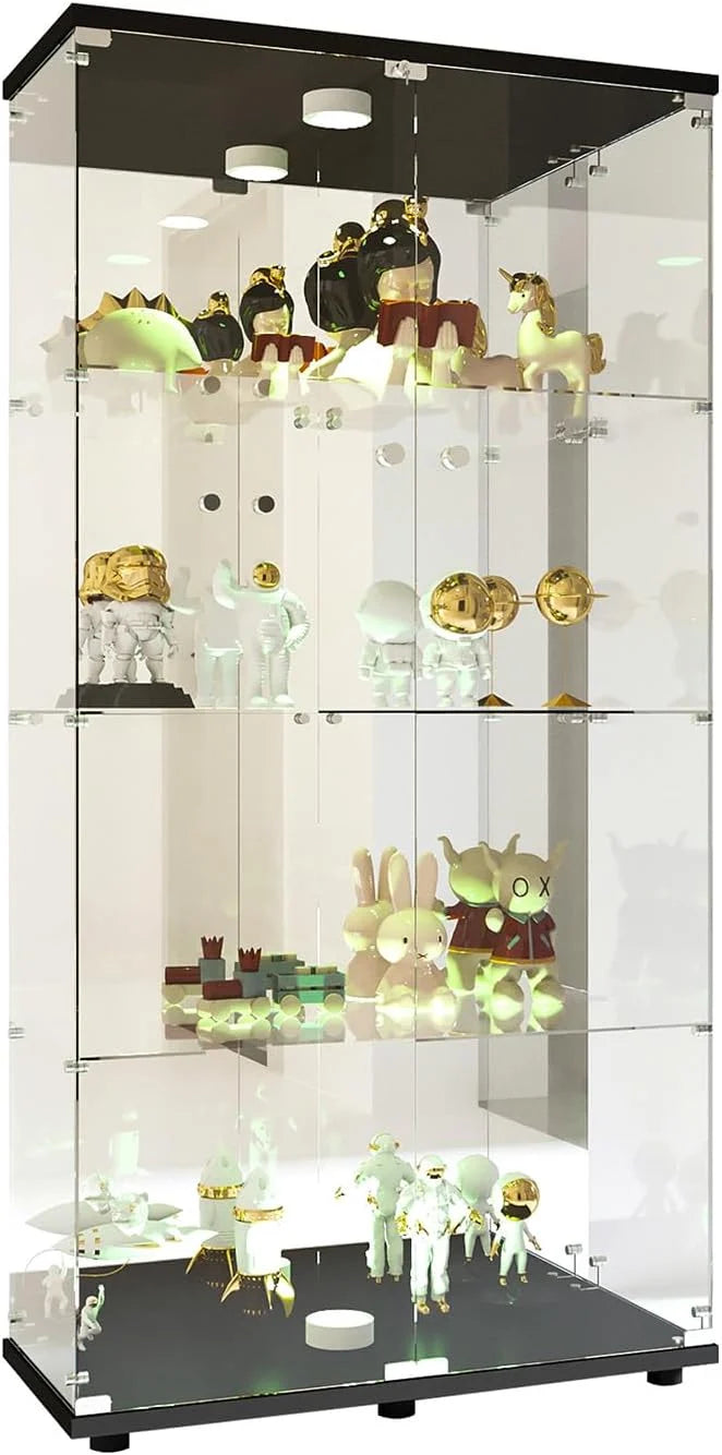 Vitrina Cristal Expositora con Luz, Puerta Cerradura, 4 estantes - Grande Vitrina de Colecciones,Vitrina de pie para Sala Oficina(Espalda Espejo)