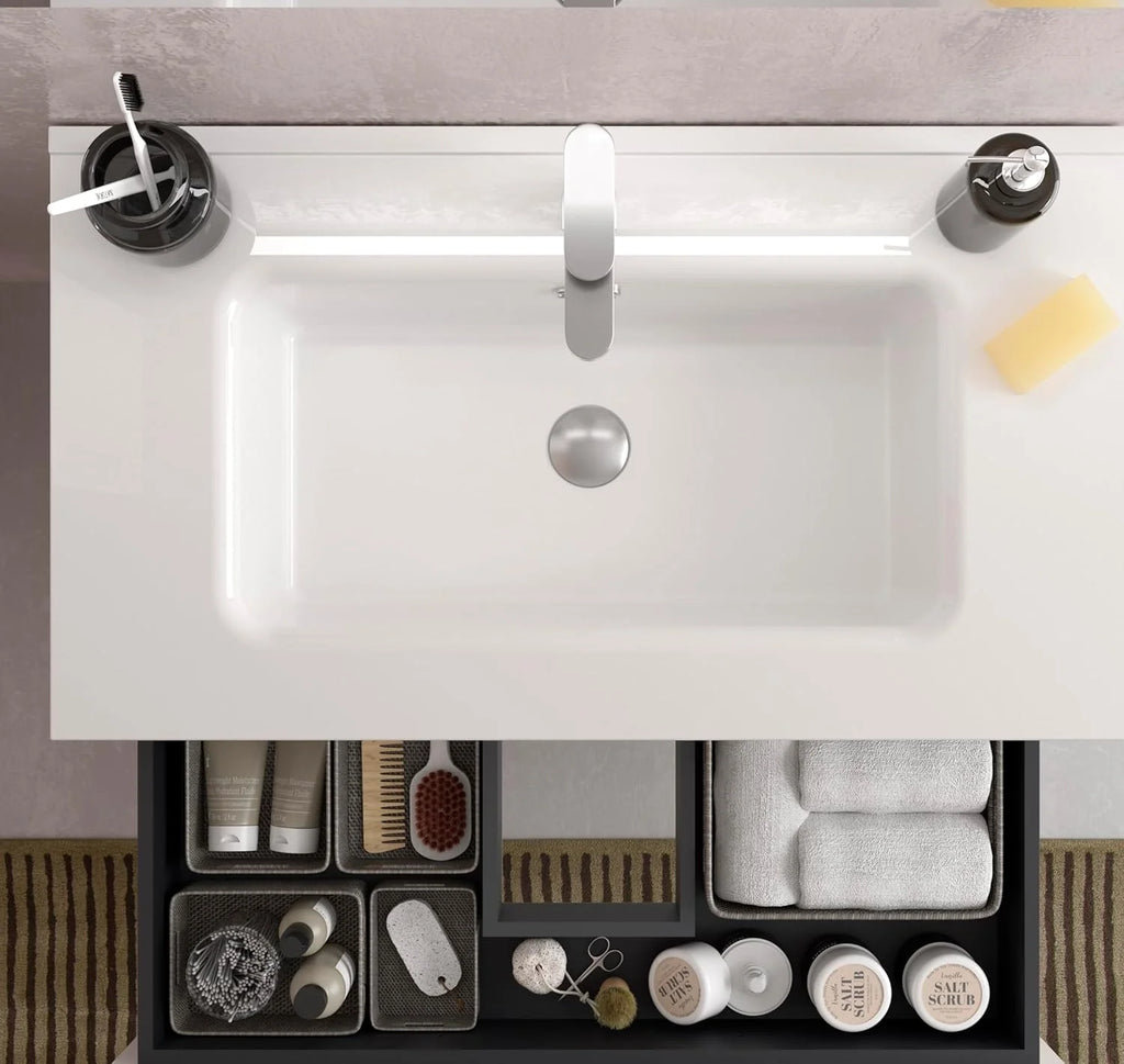 Mueble de Baño BEQUIA Plus Metal 3C 90cm Roble | Lavabo Porcelana Grifo Derecha