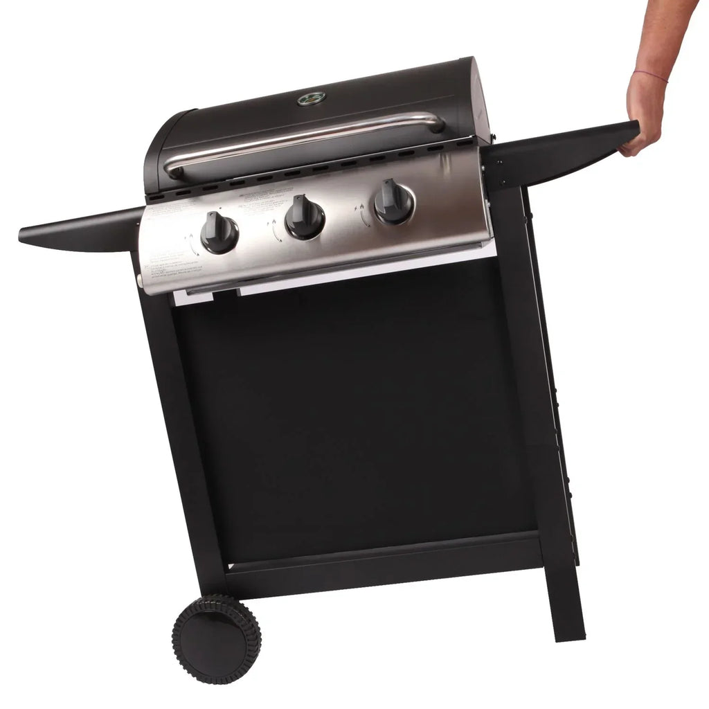 Lofoten - Gasgrill für den Außenbereich 3 Brenner 8,4 kW auf Rädern mit Deckel, 2 verchromte Stahlroste, 2 Seitenablagen, 1 unterer Ablageboden und Thermometer - Schwarz