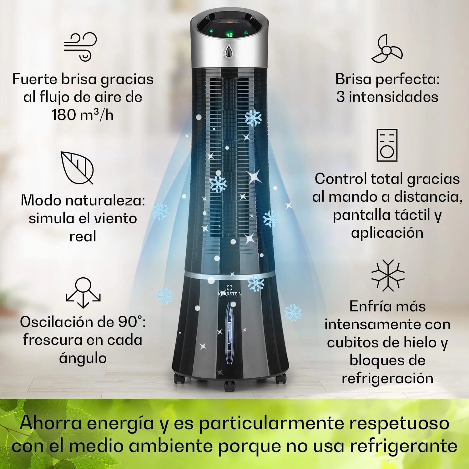 Klarstein Skyscraper Ice Smart Climatizador Evaporativo – 4 en 1: Ventilador, Enfriador, Purificador & Humidificador, 210 m³/h, Control App & Alexa, Depósito 6L, Oscilación, Ionizador, Negro