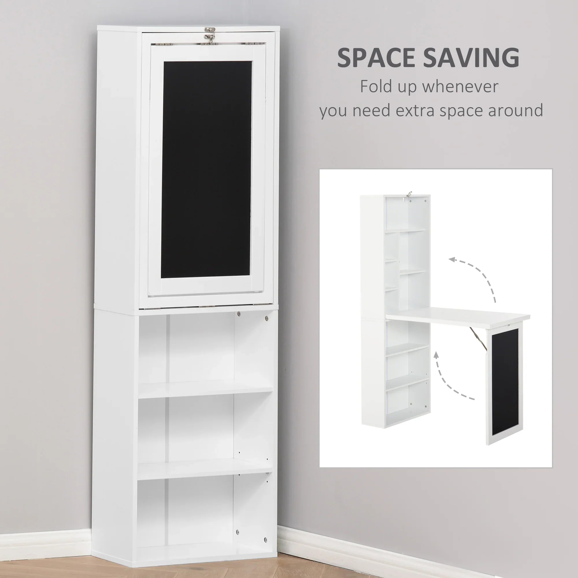 Escritorio de Ordenador de Pared – Mesa de Estudio Abatible con Pizarra y Estantería, Blanco