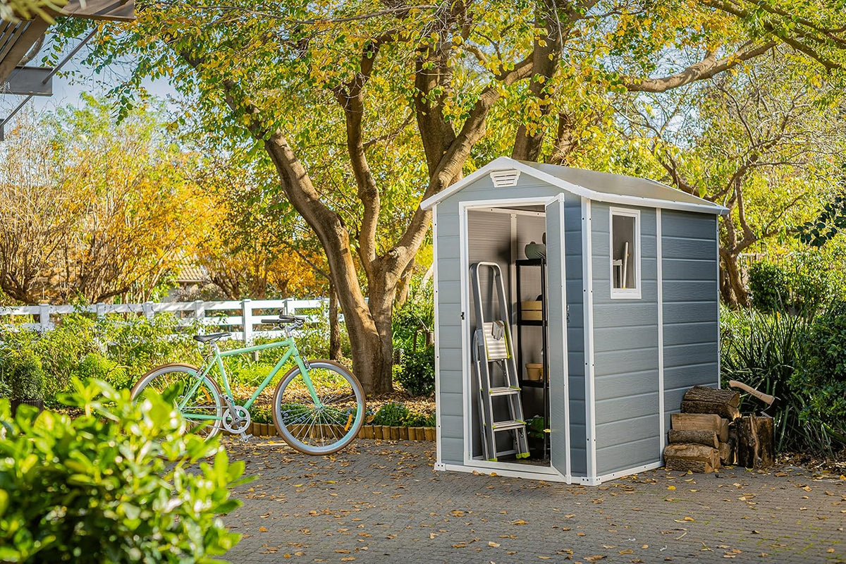 Keter Manor 4X6 - Caseta de jardín, 130x192x198cm y 2,2m2, Suelo, Sistema de ventilación, Puerta y Ventana, Resistente al Agua, Color Gris