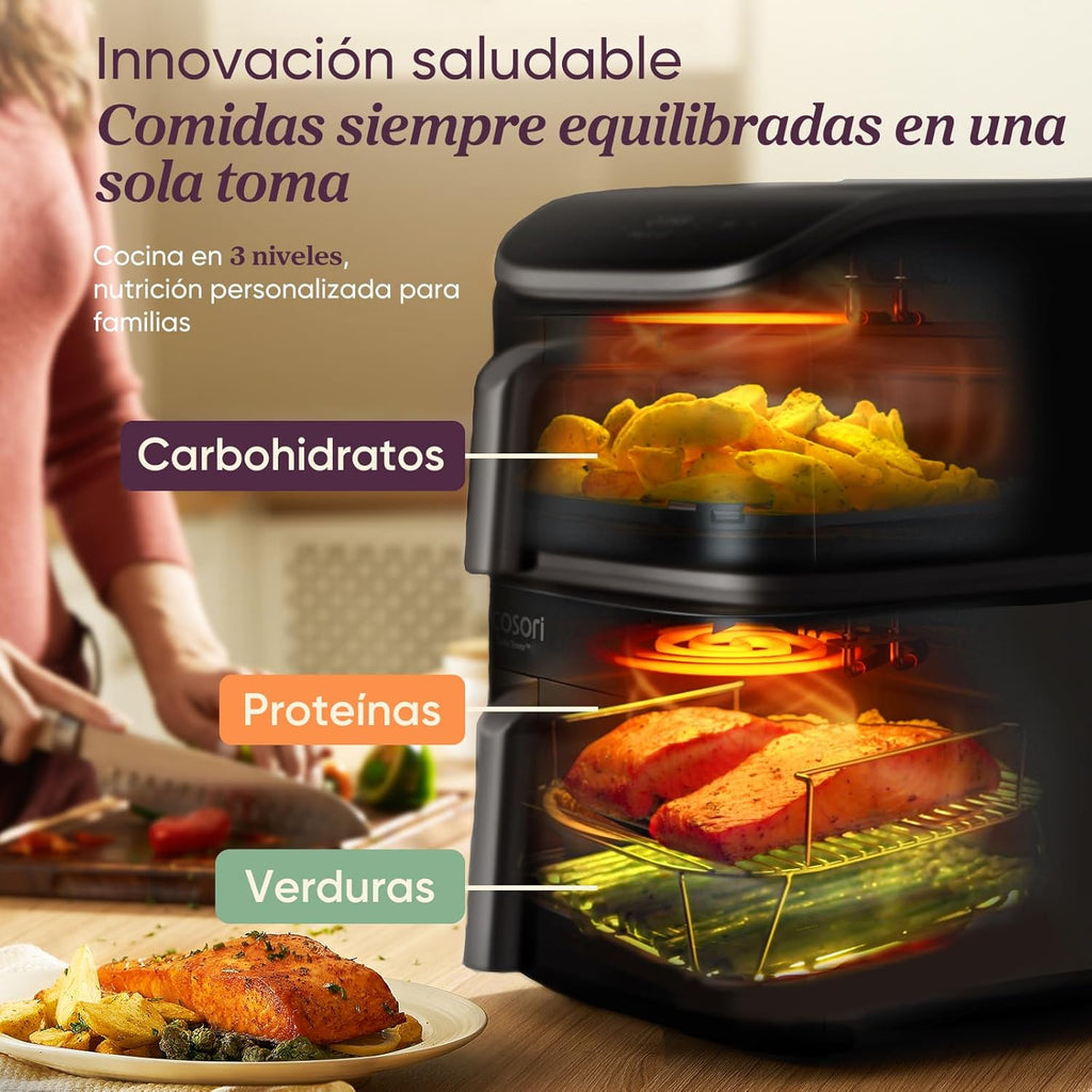 Cosori Turbo Tower Heißluftfritteuse 10,8L mit vertikalen Körben, platzsparendes Kochen auf 3 Ebenen, 2630 W, 6 Funktionen, 2 Gleichstrommotoren, über 50 vollständige Online-Rezepte
