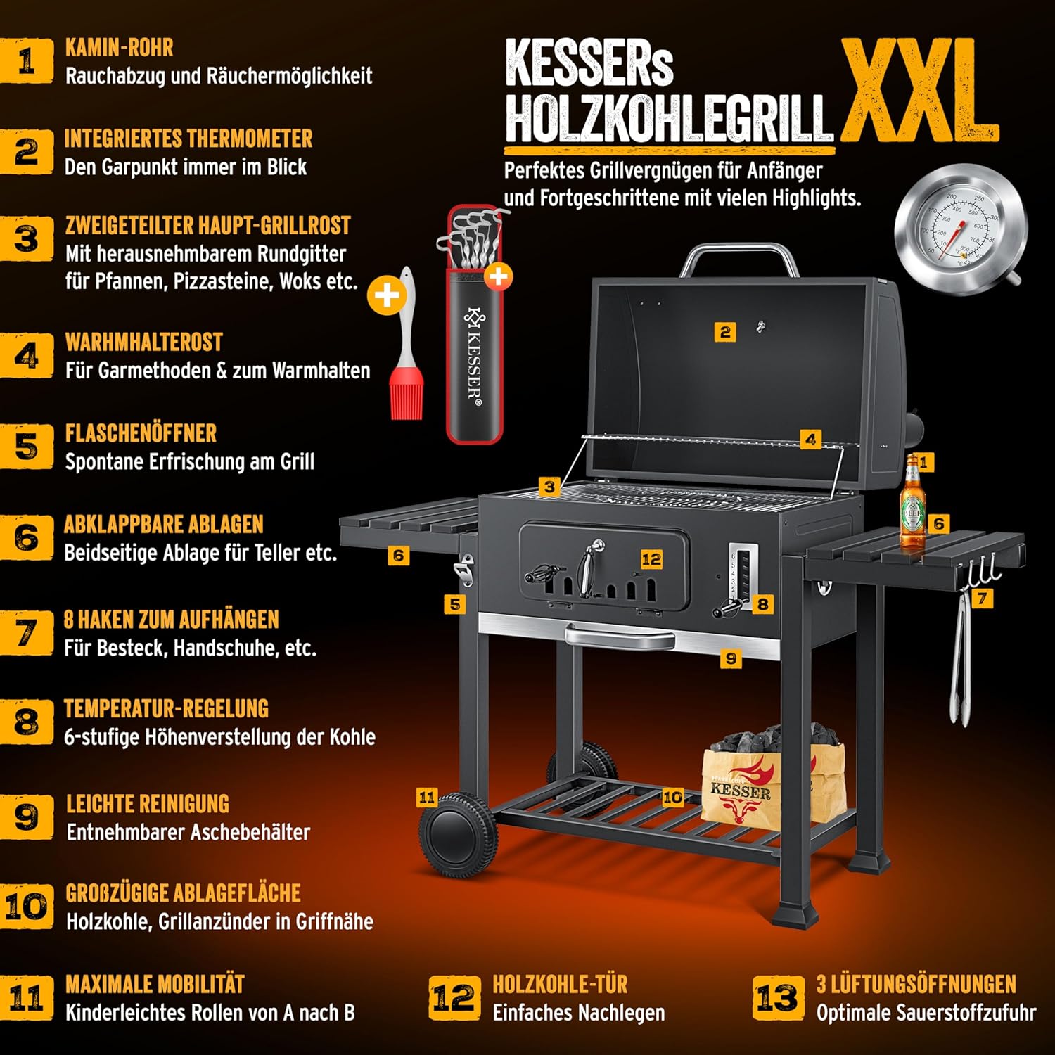 KESSER® Holzkohlegrill mit Wagen Grill mit Deckel, Rädern, Edelstahlgriff | Grill und Thermometer Großer Holzkohlegrill BBQ Grill Camping, Terrasse, Garten XXL Grau