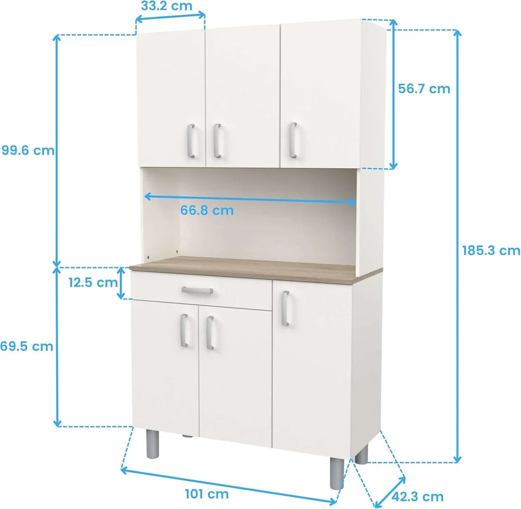 Miroytengo Kitchen Side Cabinet, Kitchen Cabinet, Buffet Kitchen Cupboard 6 Doors White and Oak Kronberg 101 x 185 cm