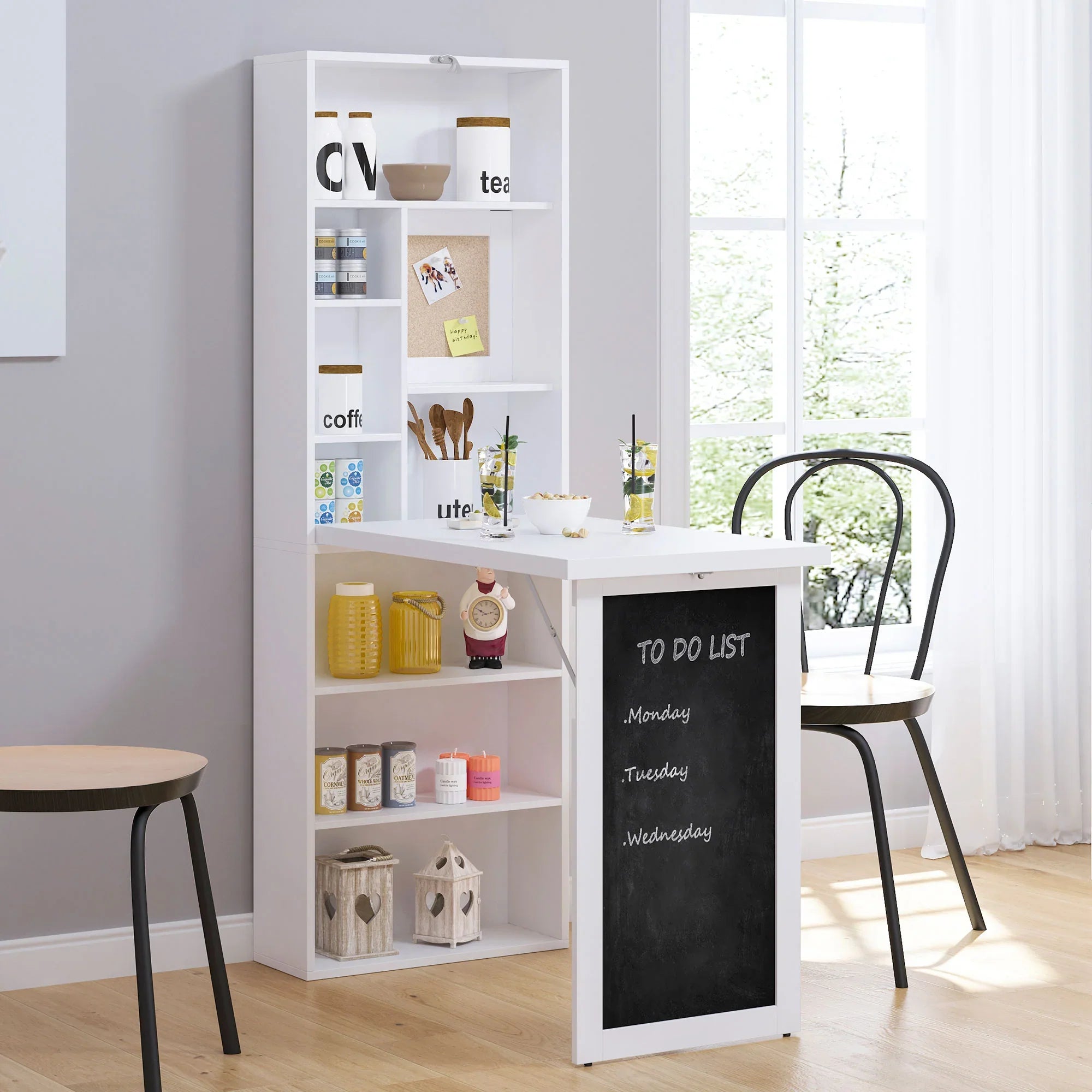 Escritorio de Ordenador de Pared – Mesa de Estudio Abatible con Pizarra y Estantería, Blanco