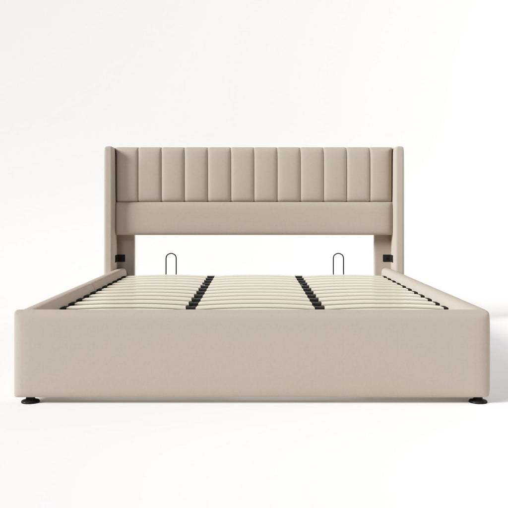 Sweiko Upholstered Linen Bed 180 x 200 cm Hydraulic with Vertical Stripe Design