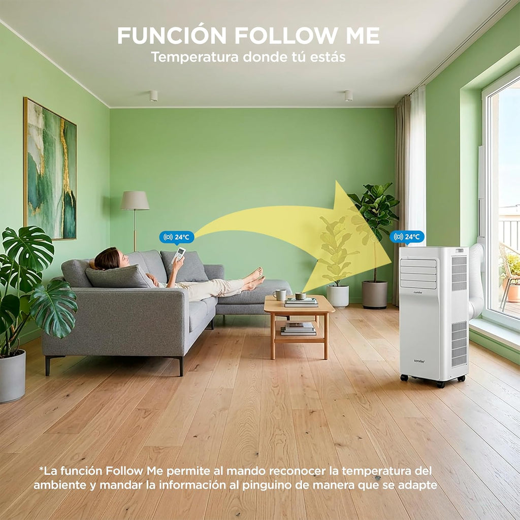 COMFEE Pingüino Aire Acondicionado Portátil 3 en 1 | 8000 BTU/2000 Frigorías Con App + Mando a Distancia | Climatizador y Deshumidificador | Bajo Consumo | Función Follow Me | Incluye kit de Ventana