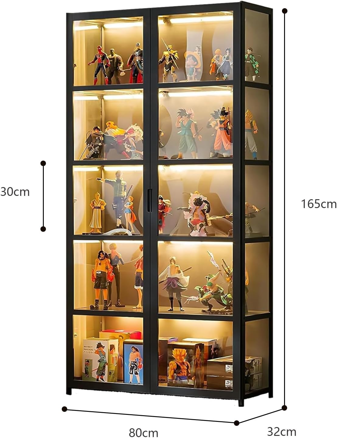 Vitrine aus Acrylglas, Schaukasten mit 5 Regalböden, Sammel-Spielzeug-Organizer, Bücherregal für Schlafzimmer, Leseecke, Kinder, Bambus (Schwarz, Doppeltür)