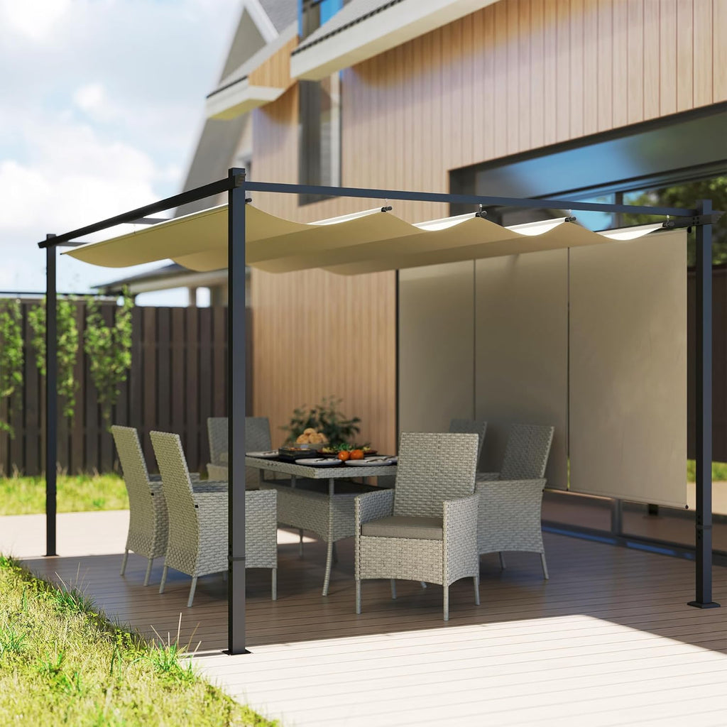 Outsunny Pérgola de Jardín 4x3 m con Techo Retráctil y 3 Laterales Enrollables, Cenador de Jardín Montado en Pared o Independiente, con UPF30+, Estructura Metálica, Pabellón para Exterior, Beige