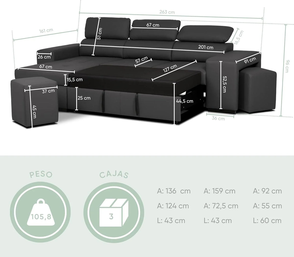 BUDWING John Sofá Cama Esquinero 4 Plazas - Chaise Longue Reversible, Reposacabezas Ajustable y 2 Pufs – Tapizado en Poliuretano – Estilo Moderno – 263x161x96 cm – Negro