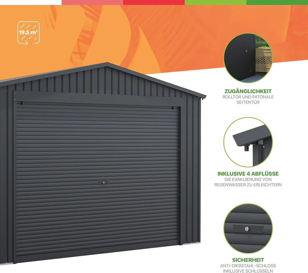 Wasabi - Garaje Metálico 19,52m2 Jarama – Portón Amplio Enrollable - Resguardo Exterior Coche - Cierre Seguridad Llave - Puerta Lateral Peatonal - Cochera Cobertizo Jardín Almacenaje – 576x338x243cm