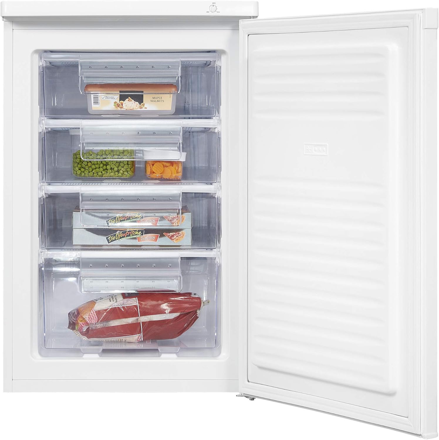 Exquisit® Gefrierschrank 91L, Weiß, Energieeffizienzklasse E, 4-Sterne-Gefrierfach, 4 transparente Schubladen, wechselbarer Türanschlag, Temperaturregelung, Maße (85,5 x 55,0 x 58,0 cm)