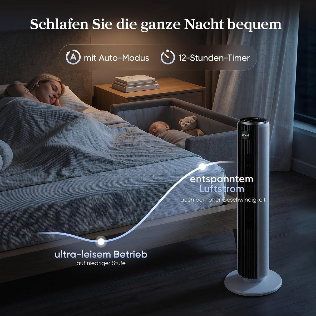 Levoit-Turmventilator mit Fortschrittlichem Schlafmodus-Ventilator leise 12Std Timer 4 Modi 5 Geschwindigkeiten-Automatikbetrieb mit Sensor-Oszillation Tower Fan mit Fernbedienung Weiß 92CM