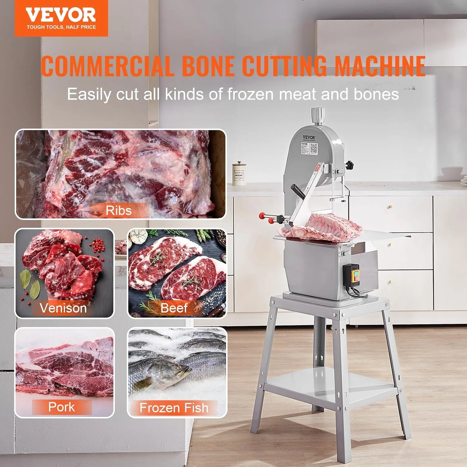 VEVOR Sierra Eléctrica Comercial para Huesos de Carnicero Sierra de Cinta para Huesos 1500 W 300 kg/h Sierra Eléctrica para Carne Congelada y Huesos Espesor 4-200 mm para Restaurante 54x49,5x142 cm