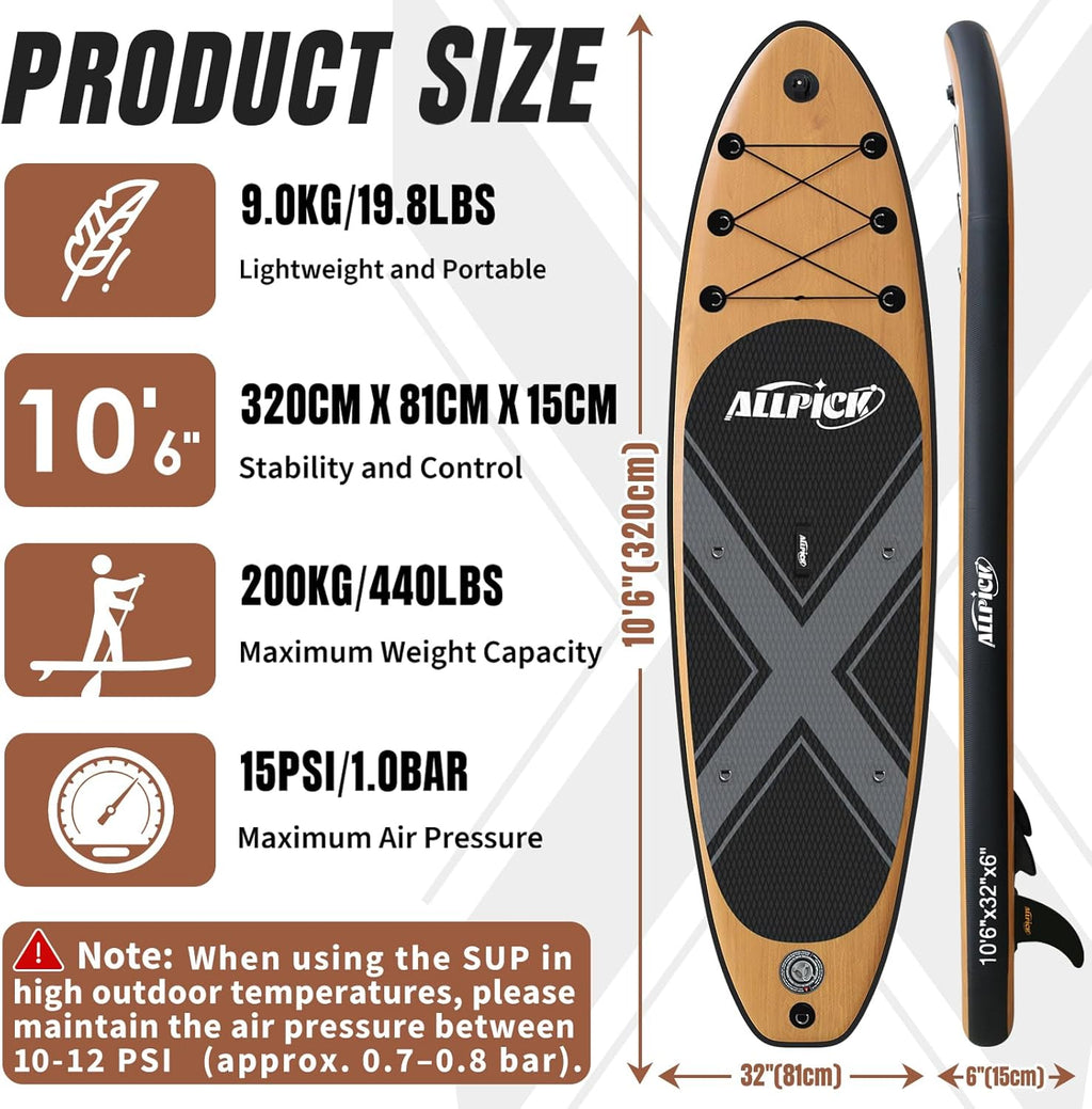 ALLPICK Premium SUP Board Set, Stand Up Paddling Board Aufblasbar, Mit Universal Kamerahalterung, Komplettes Zubehör, Verstellbares Paddel, Anfänger, Fortgeschrittene, 200kg