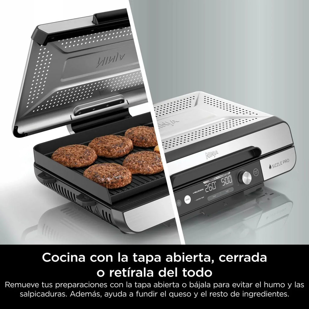 Ninja Sizzle Pro XL Indoor Grill und Bratplatte mit antihaftbeschichteter Keramik-Grill- und Bratplatte, abnehmbarem Deckel, Fettauffangschale und Rezeptheft, Silber/Schwarz GX101EU