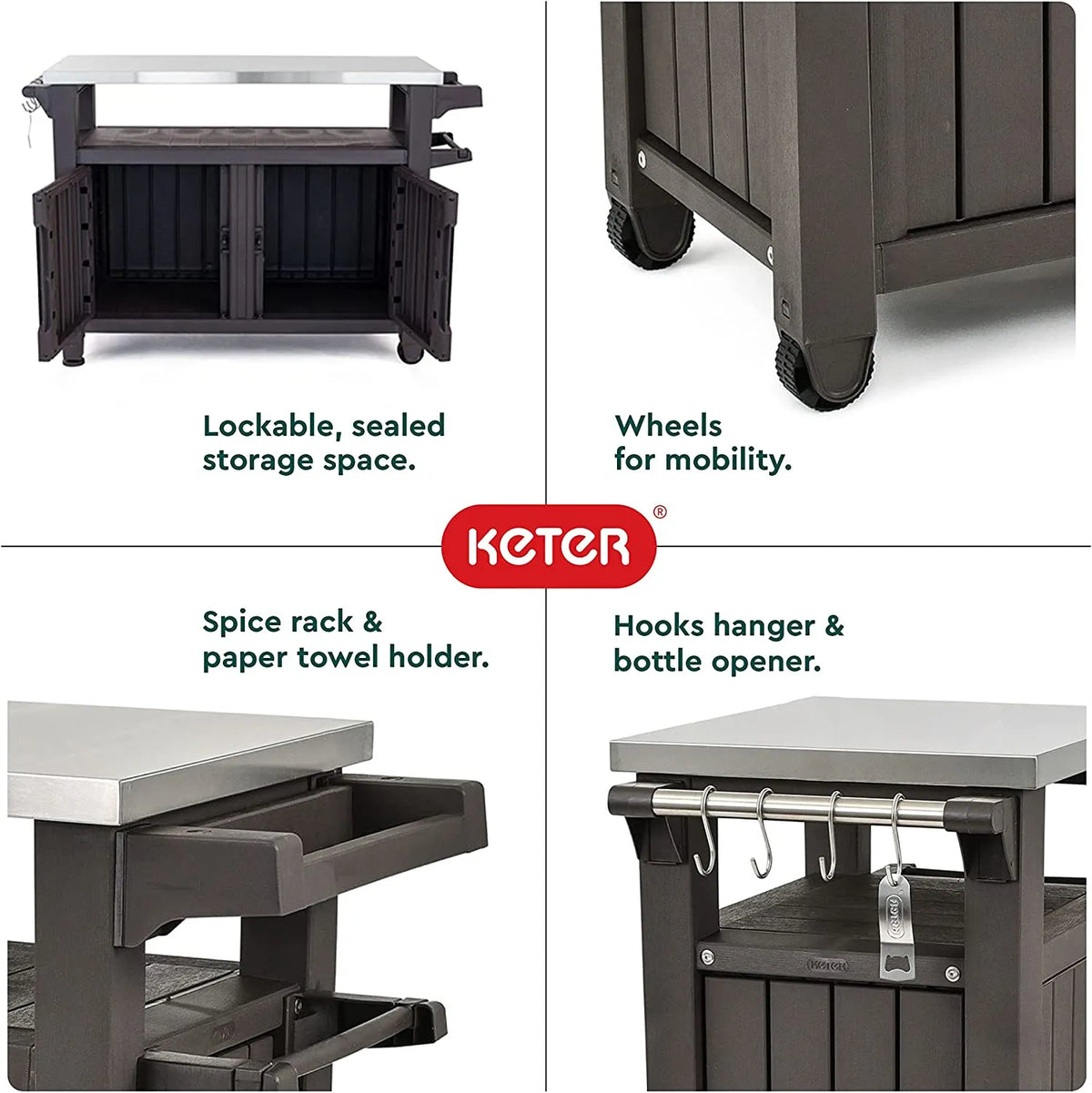 2025 Carro móvil de patio Keter Unity XL – Mesa de cocina exterior resistente a la intemperie con superficie de trabajo de acero inoxidable, espacio de almacenamiento con cerradura y accesorios