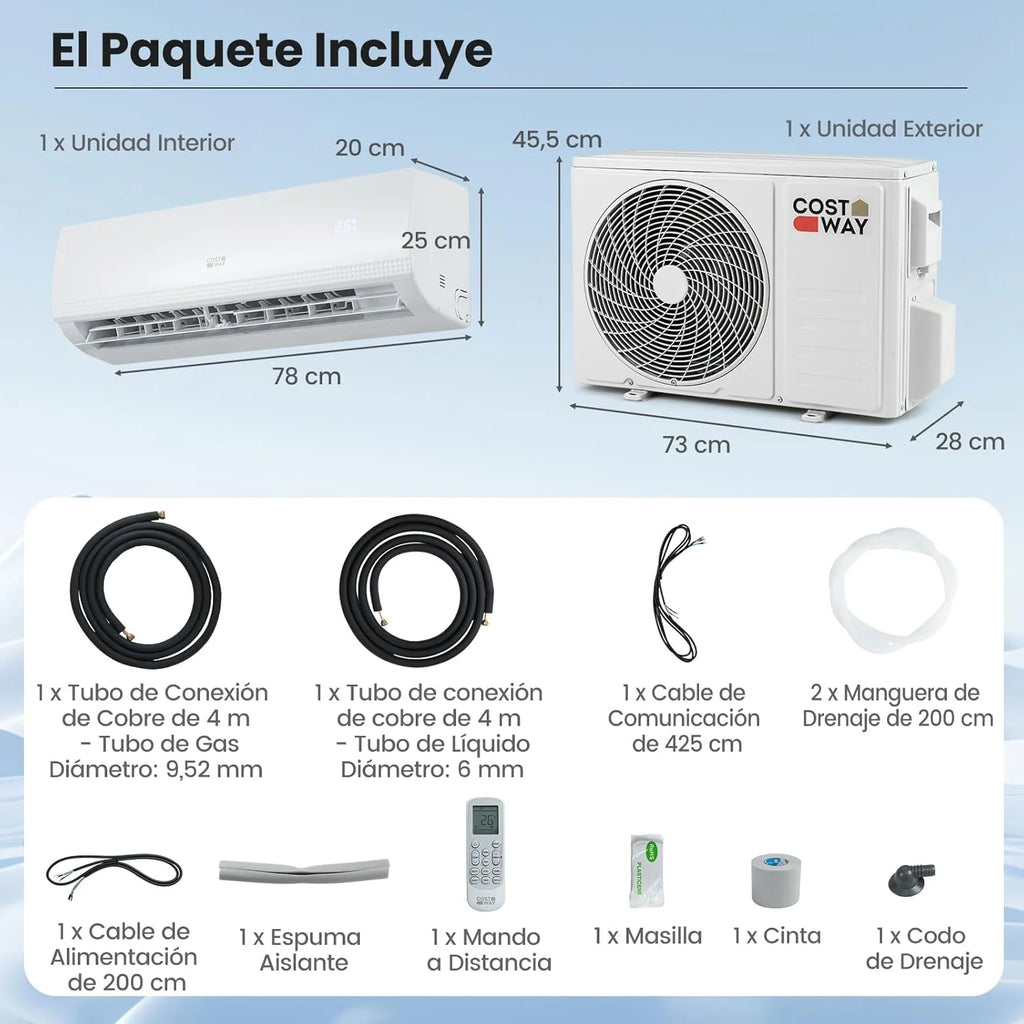 COSTWAY Aire Acondicionado Split, 2,6 kW, Aire Acondicionado con Calefacción con Bomba de Calor,Refrigerante: R32, Calefactor y Refrigerador con Kit de Instalación para Habitación hasta 70m³ (9000BTU)