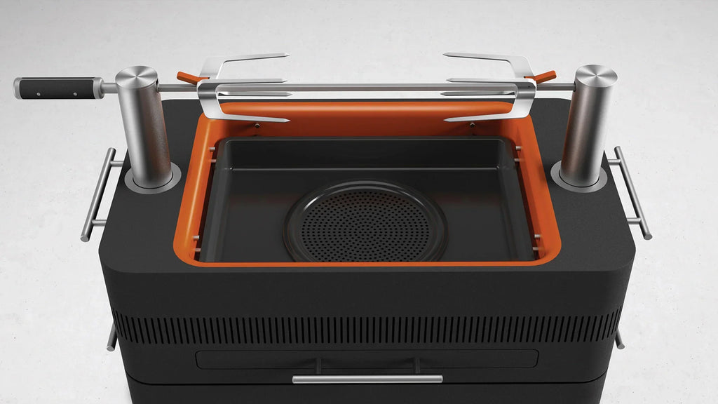 2026 Holzkohlegrill mit elektrischer Zündung – 1400W Fast Flame Ignition™ – Inklusive Drehspieß (15 kg) und Standfuß