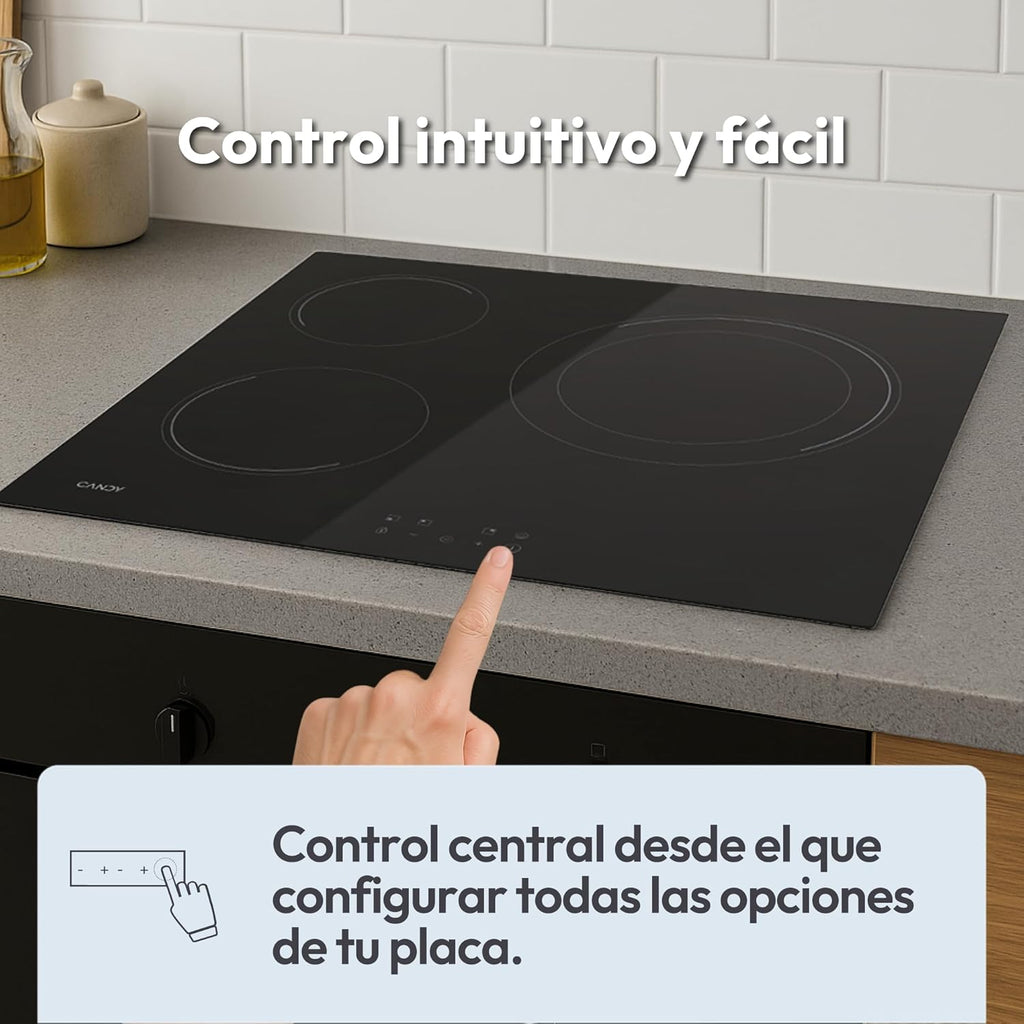 Candy CH63DCC Hob Ceramic Hob 60 cm, 3 Cooking Zones, Double 30 cm Paella Pan, Touch Control, 9 Power Levels, Safety System, Black