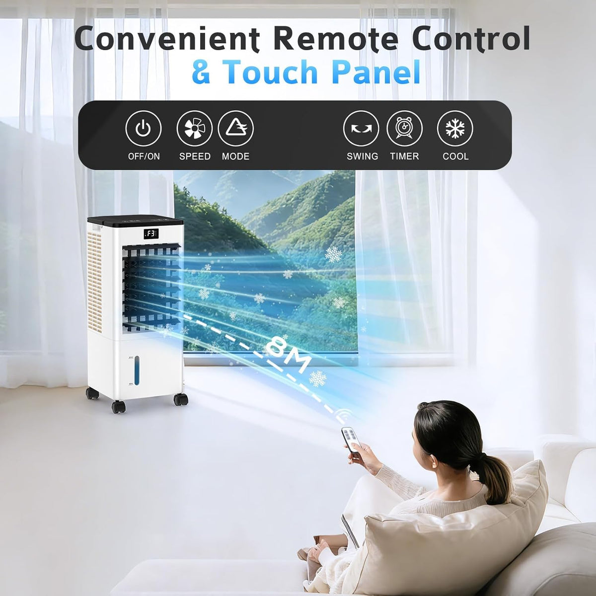 Aire Acondicionado Portátil sin Tubo, Enfriador de Aire Grande 4 en 1, 4 Modos 3 Velocidades, Climatizador Evaporativo 60W, Temporizadores de 1-12 H, con Control Remoto, 4 Ruedas para Hogar Oficina