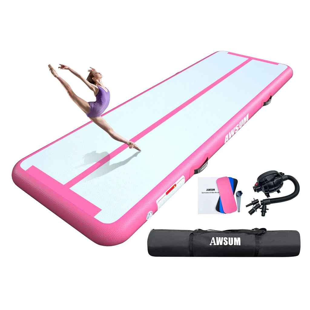 2025 Colchón de gimnasia inflable AWSUM – disponible en longitudes de 10, 13 o 16 pies, grosor de 4 pulgadas, pista de acrobacias con rodillo inflable y bomba eléctrica para casa o gimnasio