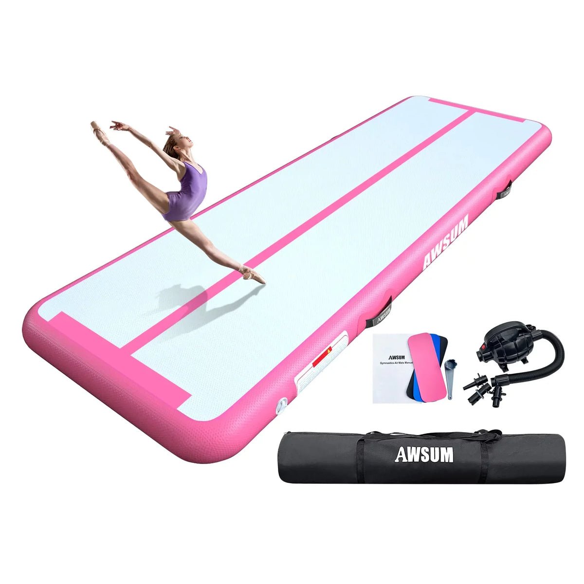 2025 Colchón de gimnasia inflable AWSUM – disponible en longitudes de 10, 13 o 16 pies, grosor de 4 pulgadas, pista de acrobacias con rodillo inflable y bomba eléctrica para casa o gimnasio