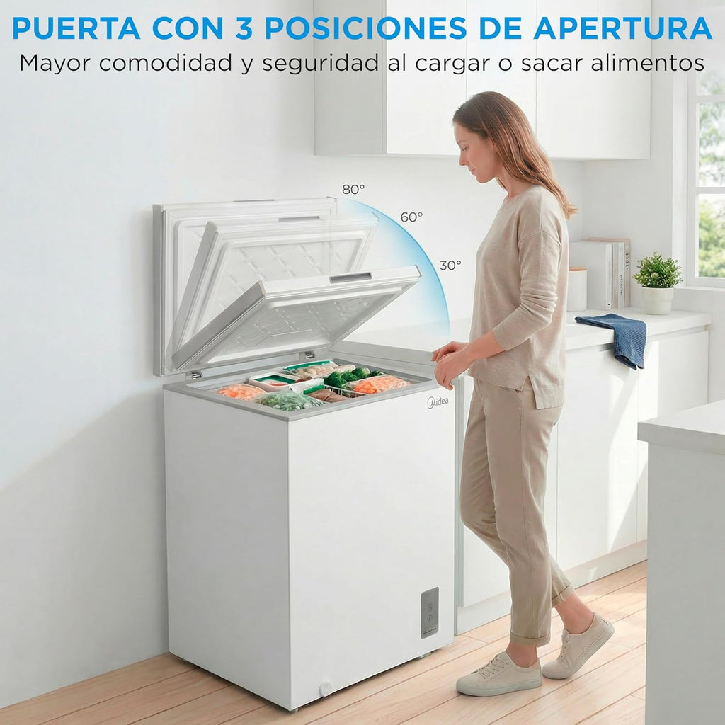 MIDEA Arcon Congelador Pequeño de 143L | Congelador Horizontal Convertible a Frigorífico con Motor Inverter, Control Electrónico de Temperatura, Cestas con Asa | Arcón Silencioso 37 db Bajo Consumo