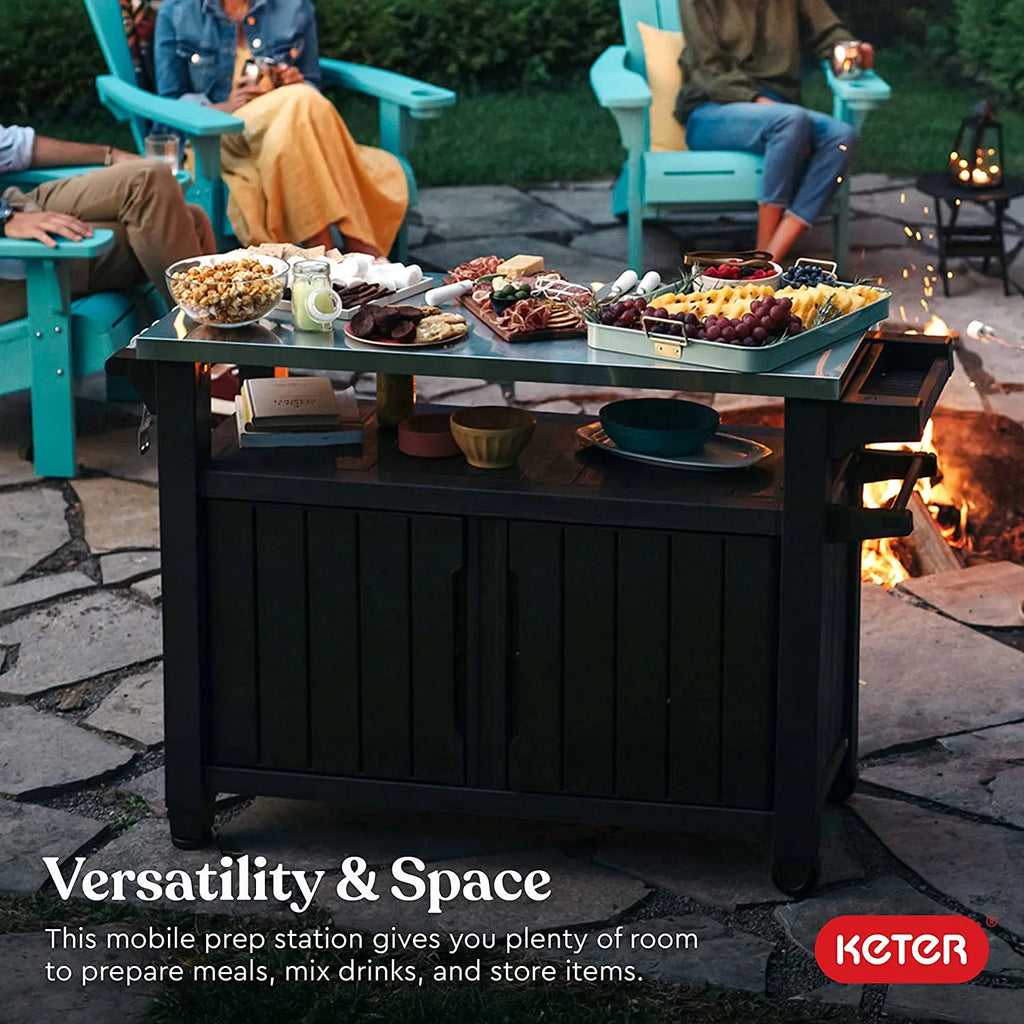 2025 Carro móvil de patio Keter Unity XL – Mesa de cocina exterior resistente a la intemperie con superficie de trabajo de acero inoxidable, espacio de almacenamiento con cerradura y accesorios