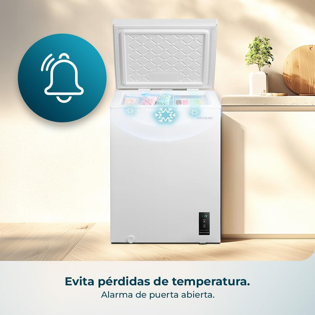 Cecotec Gefriertruhe 143L Bolero CoolMarket Chest 143P Weiß E. Korb mit Griffen, Elektronische LED-Steuerung, UltraContact D-Cool, Dual Function, ZeroG-Tür (80º-30º), Fast Freezing, Kompakt