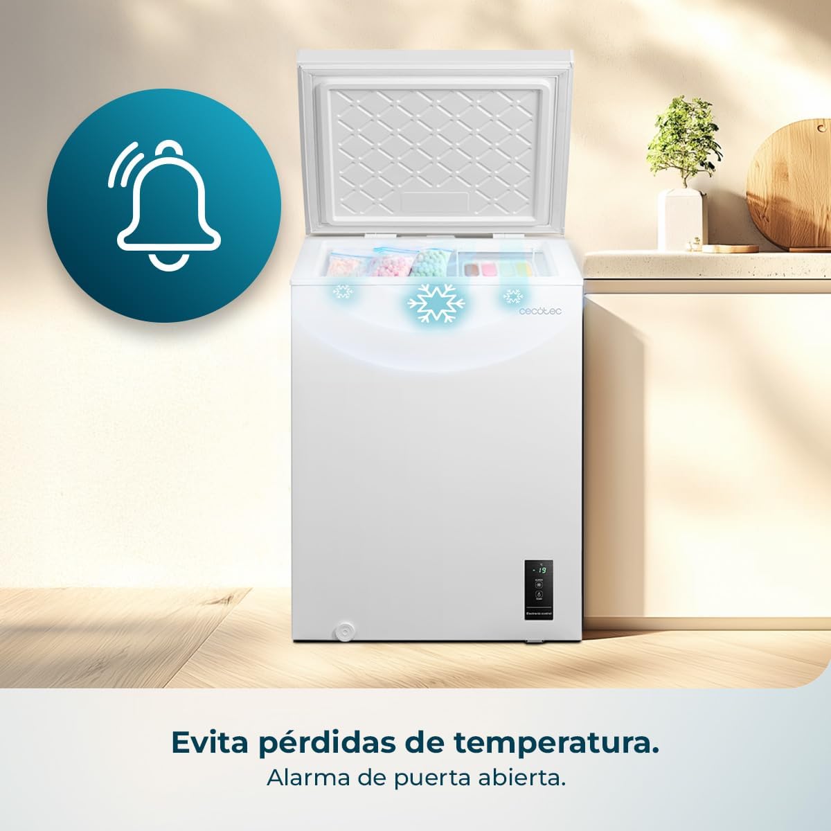 Cecotec Gefriertruhe 143L Bolero CoolMarket Chest 143P Weiß E. Korb mit Griffen, Elektronische LED-Steuerung, UltraContact D-Cool, Dual Function, ZeroG-Tür (80º-30º), Fast Freezing, Kompakt