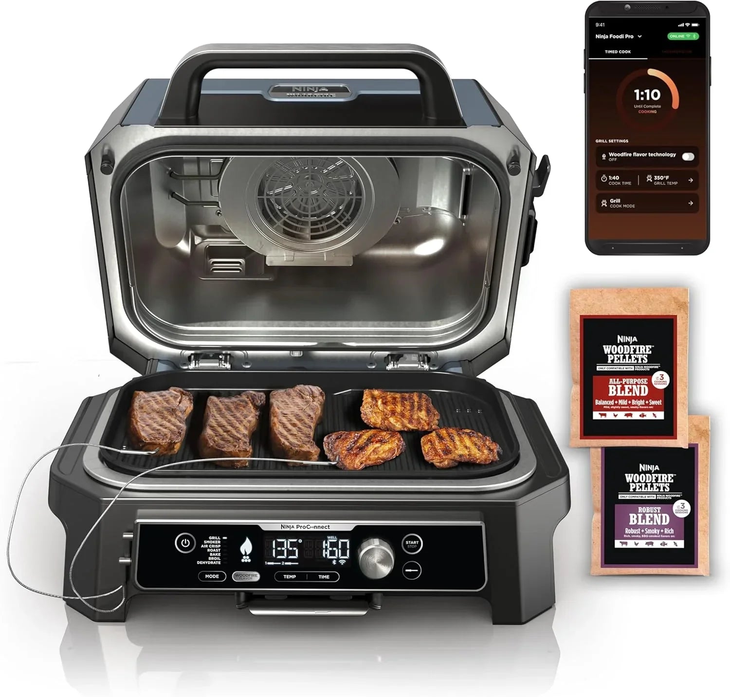 2026 Parrilla y ahumador exterior Ninja Woodfire Pro XL, termómetro, master grill 4 en 1, barbacoa ahumador, freidora de aire exterior, horno, portátil, parrilla eléctrica, gris oscuro, modelo OG850