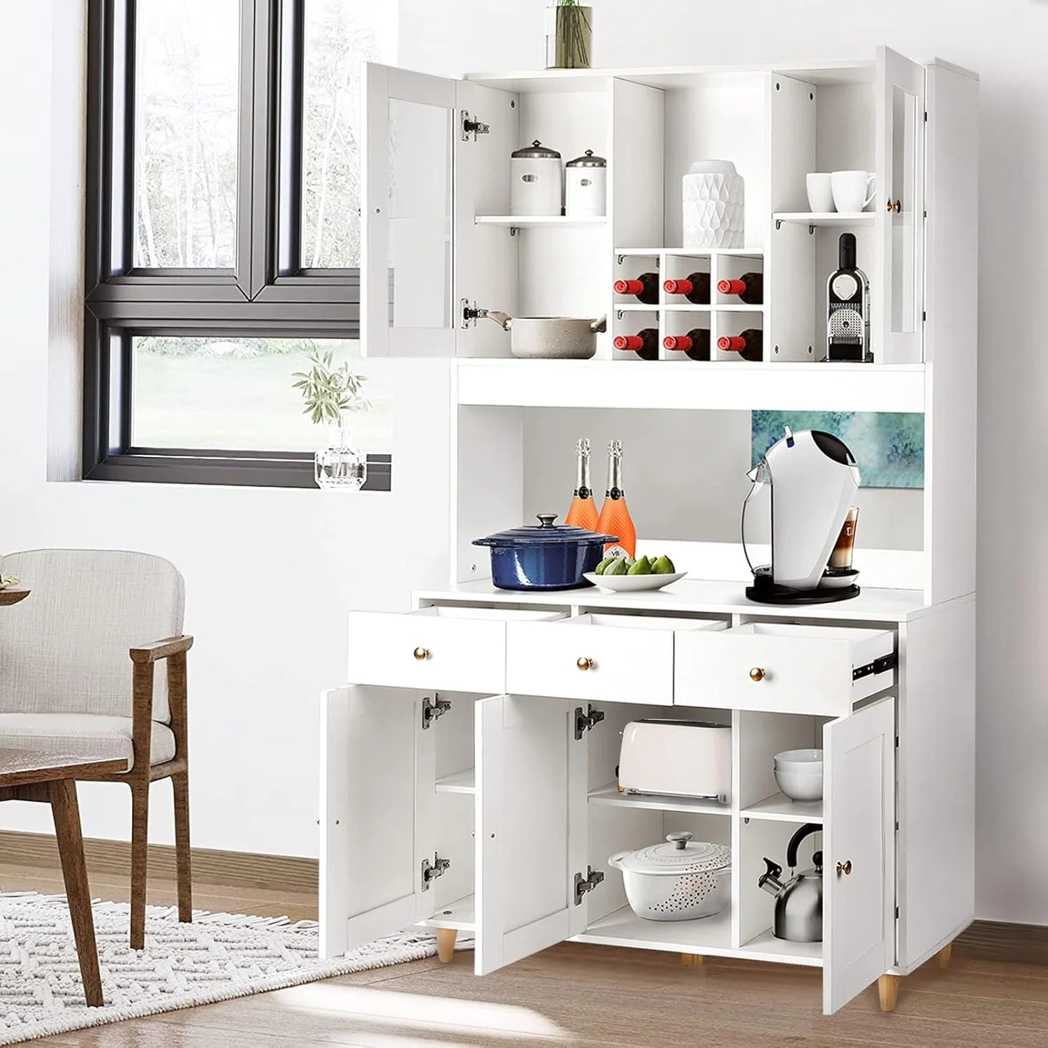 VOWNER Armario Aparador Cocina/Buffet, 100L x 38W x 181H cm, Mueble Auxiliar de Almacenaje, 5 Puertas y 5 Baldas Ajustables, Blanco